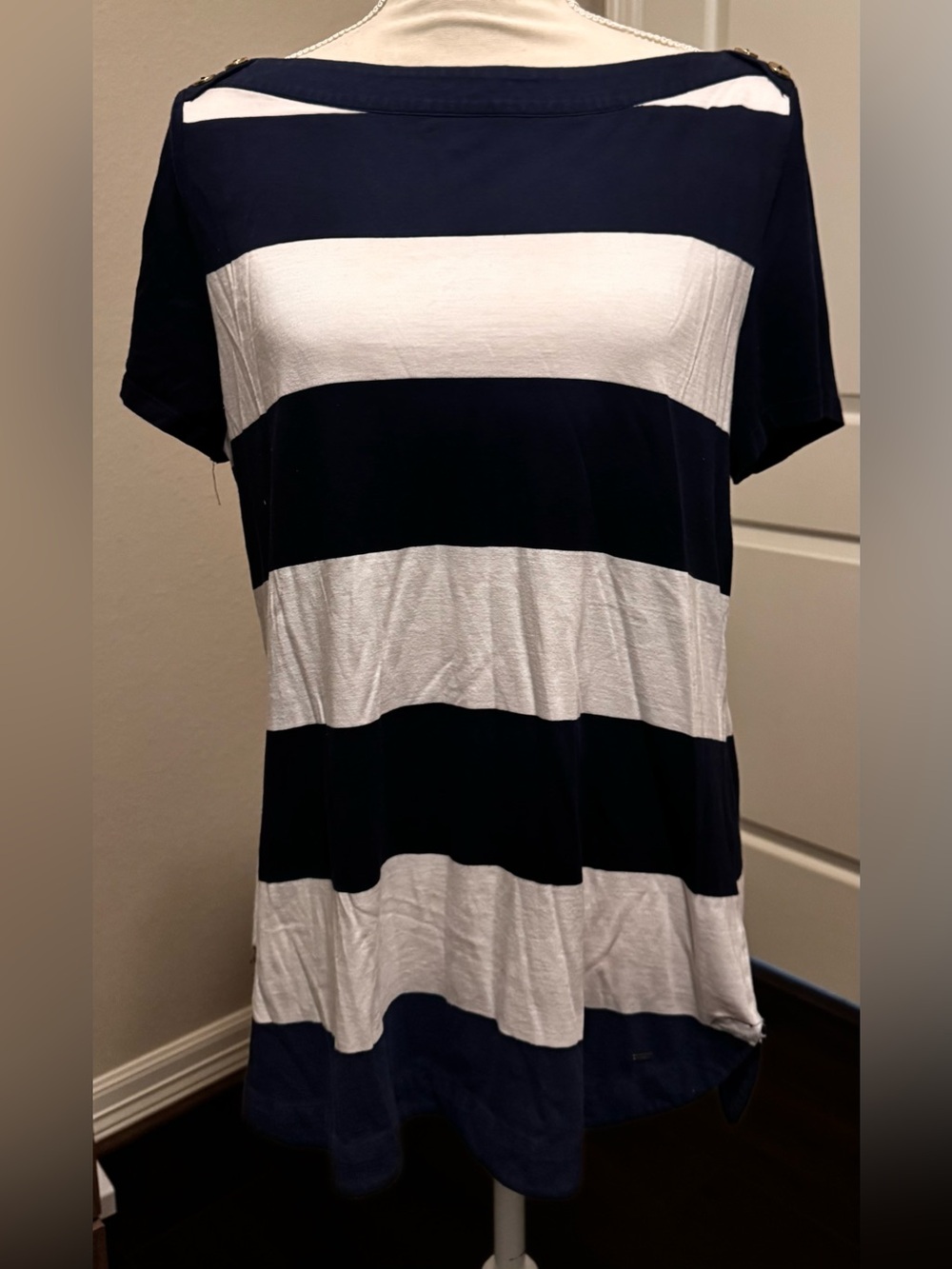 Tommy Hilfiger Women’s Blue/White Striped Crew Neck Logo Tee Shirt XL